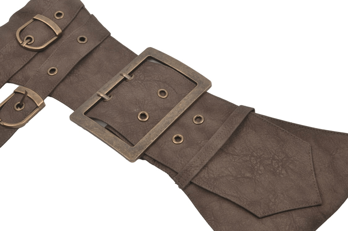 Brown faux leather double buckle corset belt with vintage-inspired eyelets for steampunk style.