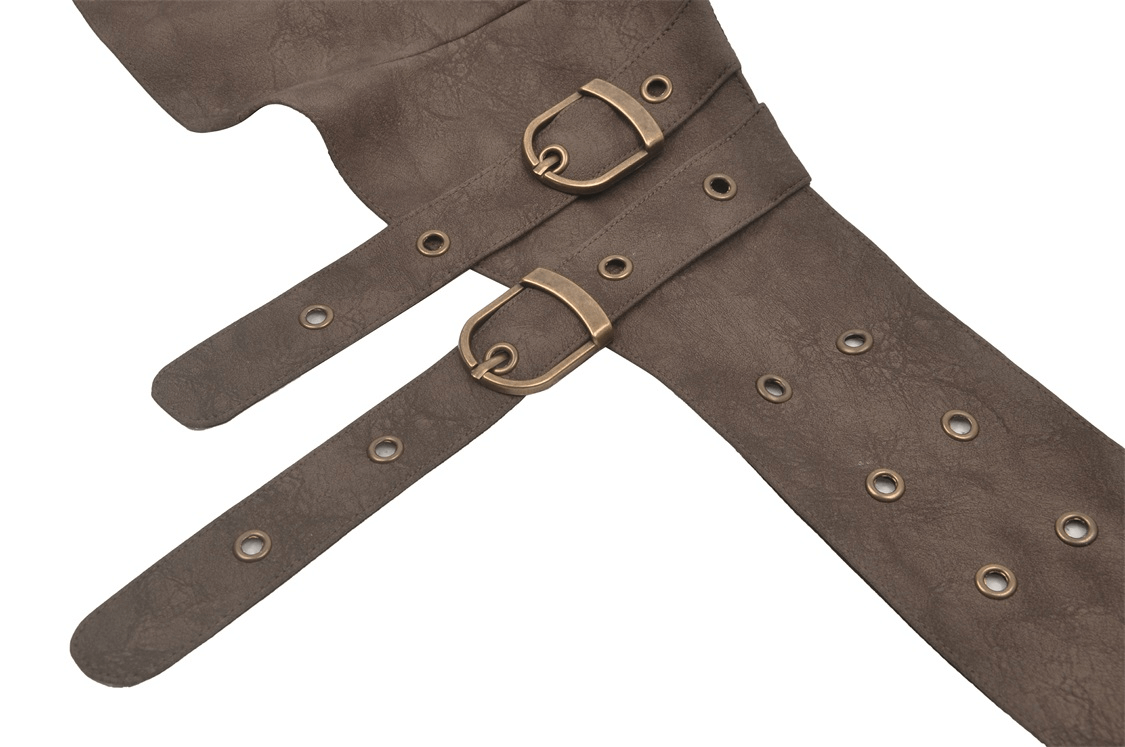 Brown faux leather double buckle corset belt with vintage eyelets for a steampunk style.