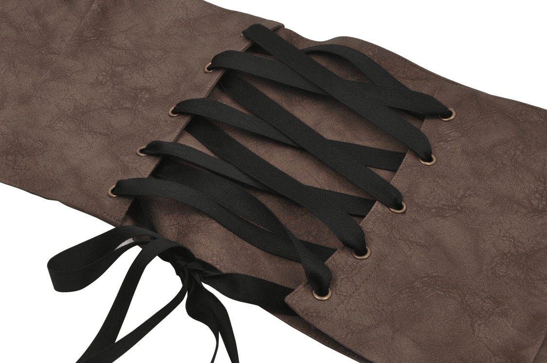Close-up of a brown faux leather corset belt with black laces and vintage eyelets, perfect for steampunk fashion.