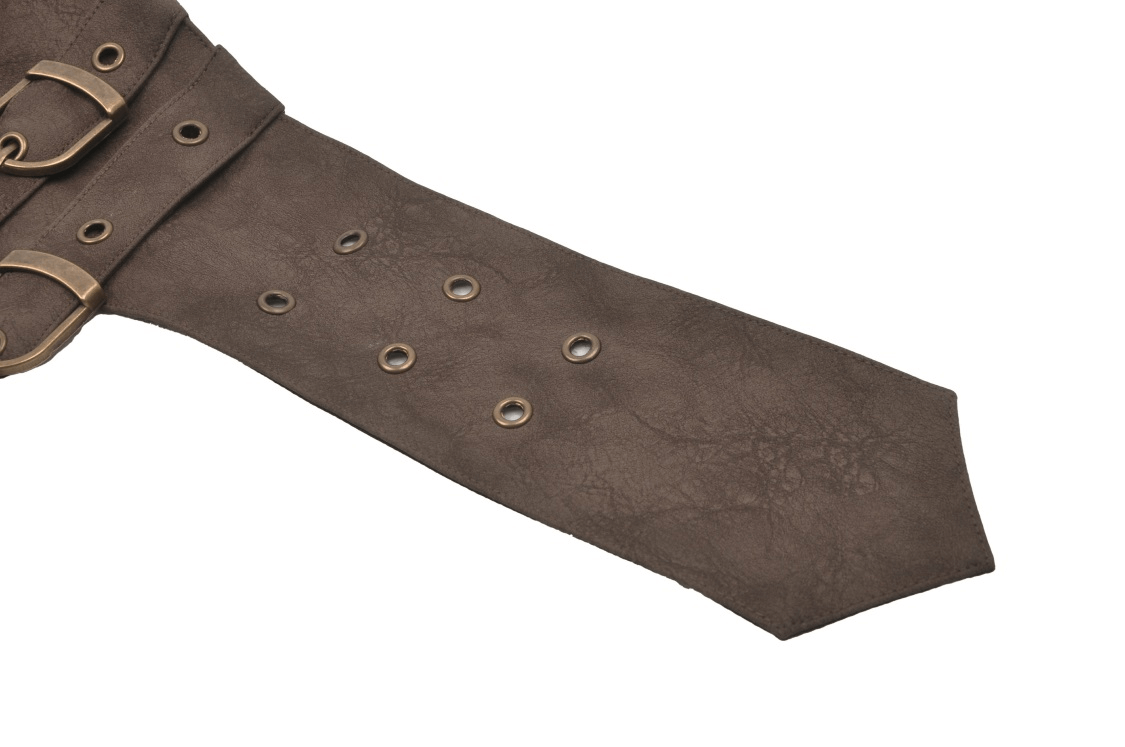 Close-up of brown faux leather corset belt with double buckles and vintage eyelets, perfect for steampunk fashion.