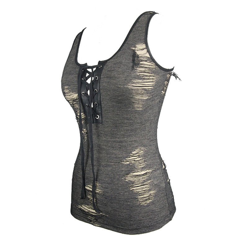 Steampunk women's sleeveless black tank top with torn accents and front drawstring detail.