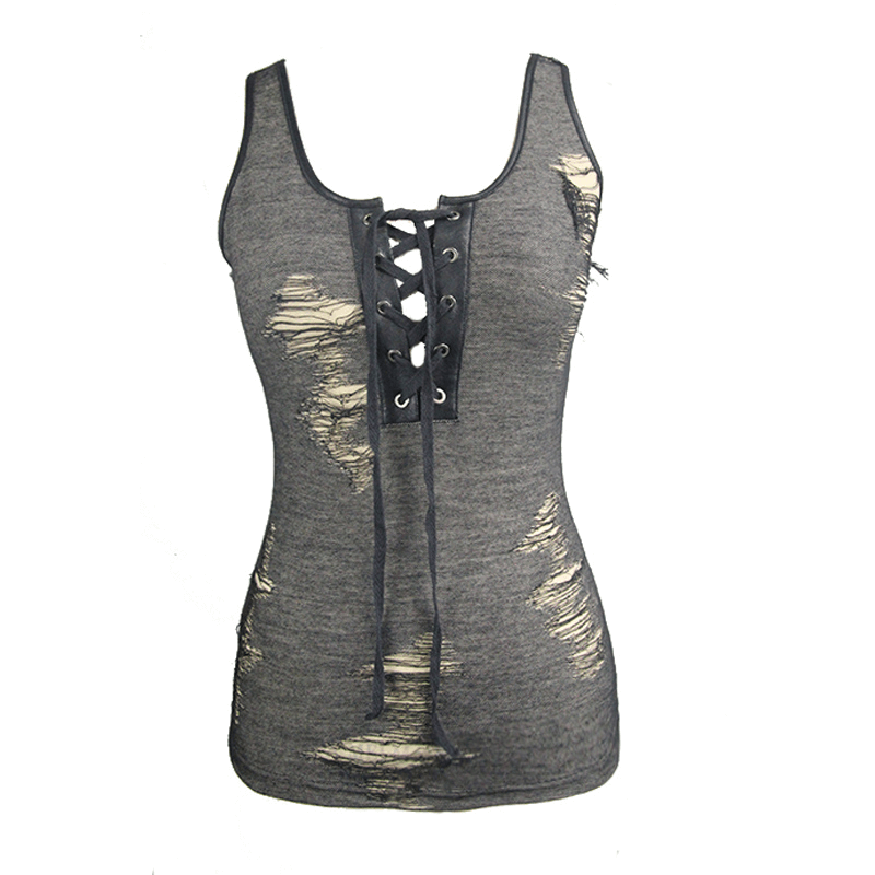 Gothic black women's sleeveless deep V tank top with torn accents and drawstring detail in steampunk style.