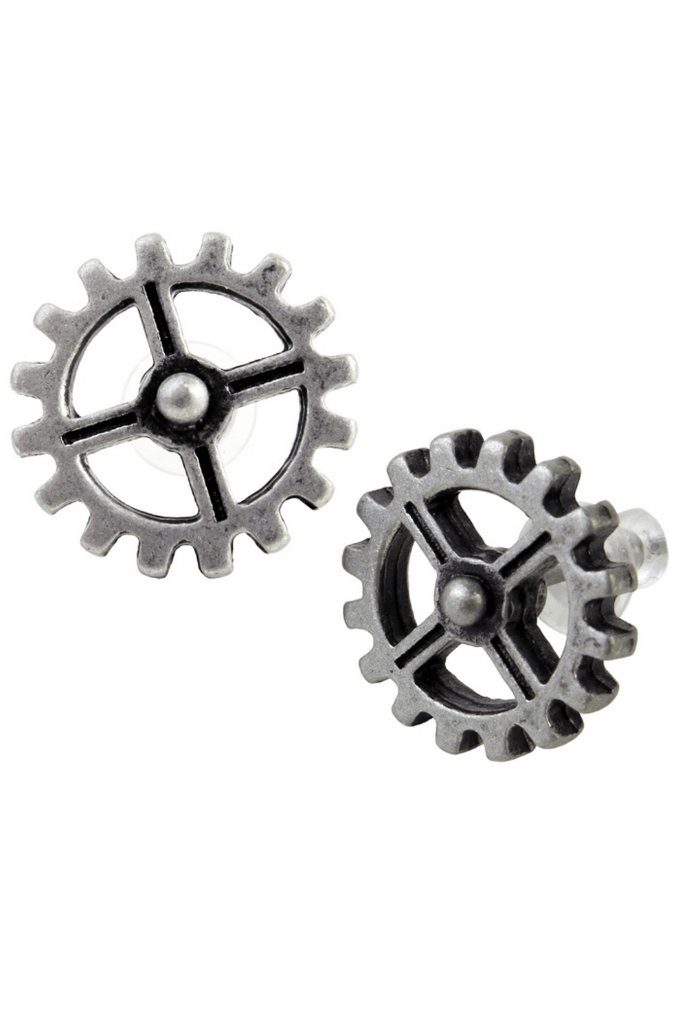 Steampunk gear earrings featuring vintage pewter cogwheel design, perfect for industrial enthusiasts.