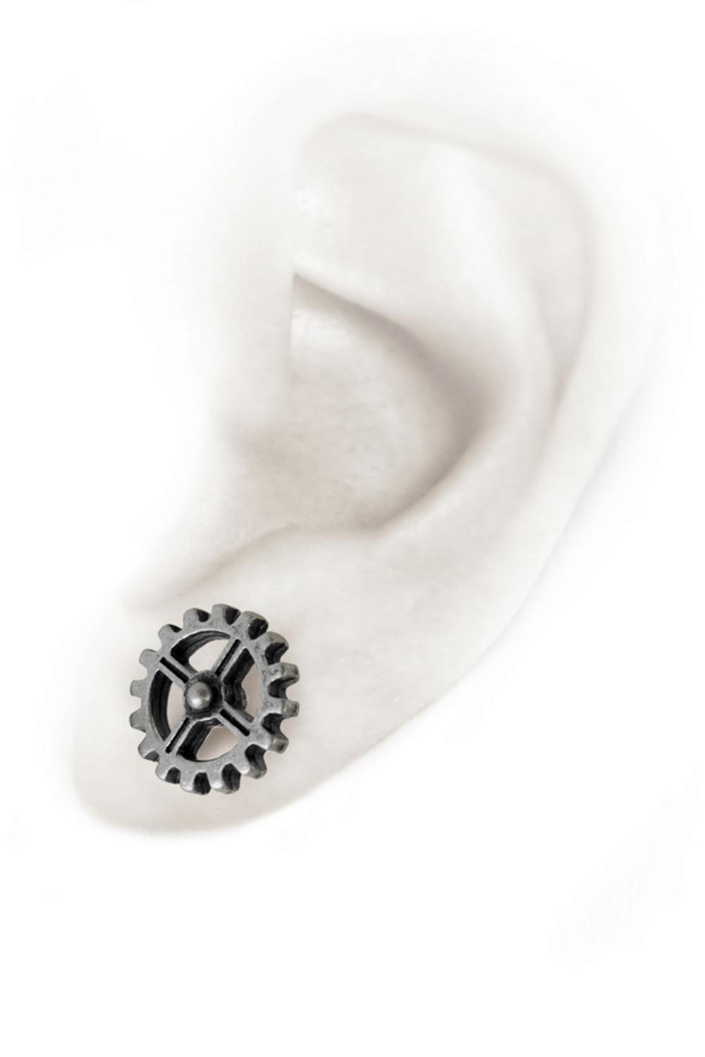 Steampunk gear earrings in vintage pewter design, showcasing detailed cogwheel on ear for stylish industrial aesthetic.