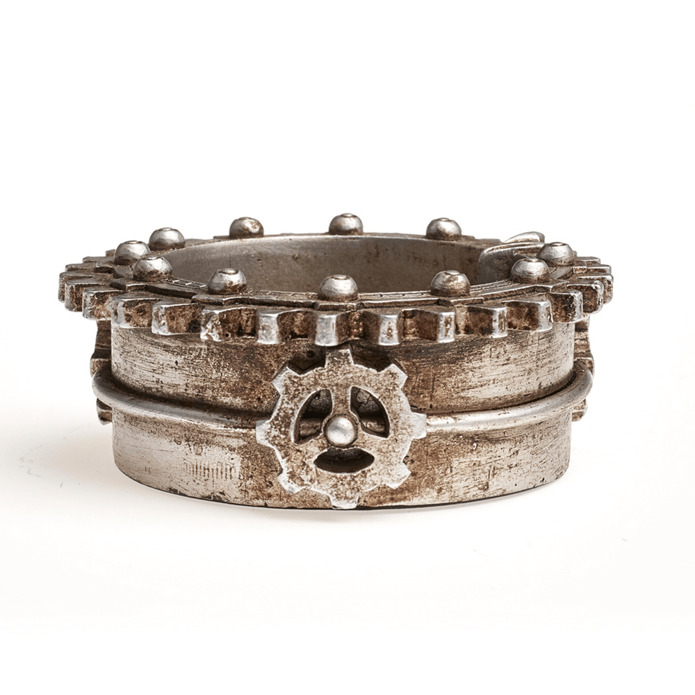 Vintage steampunk trinket dish with gear motifs and pentagram design, perfect for decorative use.