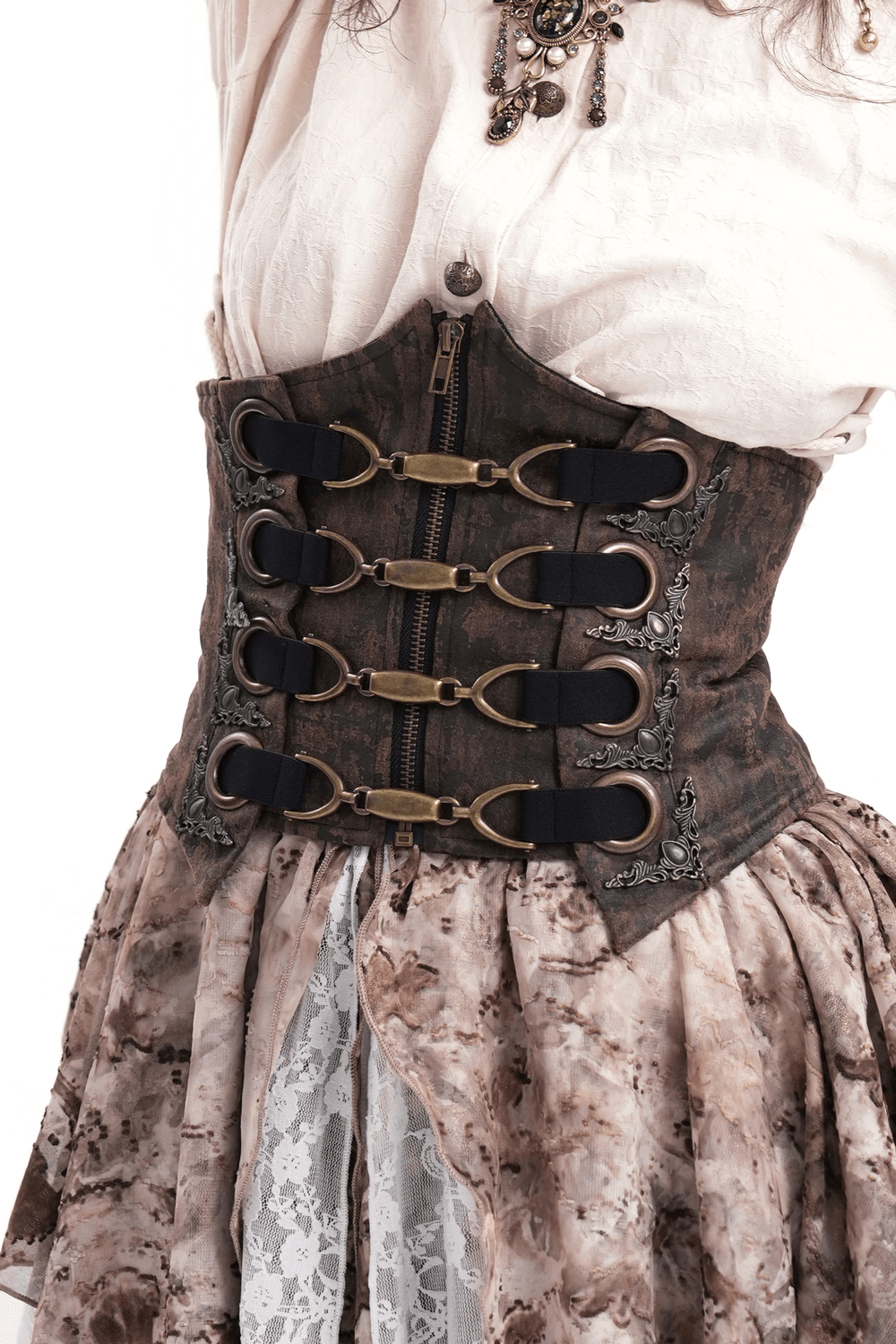 Steampunk gothic corset belt with metal hooks, zipper closure, and ornate details against a vintage outfit.