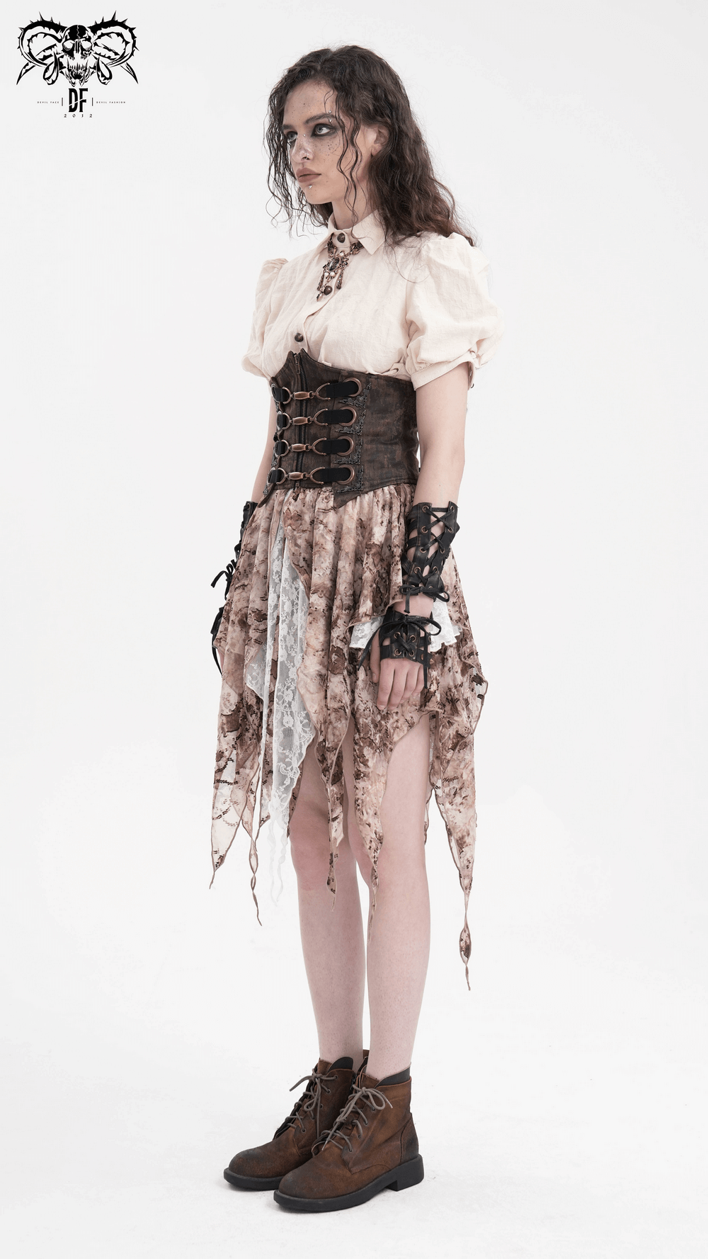 Steampunk gothic woman in corset belt, layered skirt, and fingerless gloves, showcasing a unique Victorian-inspired look.