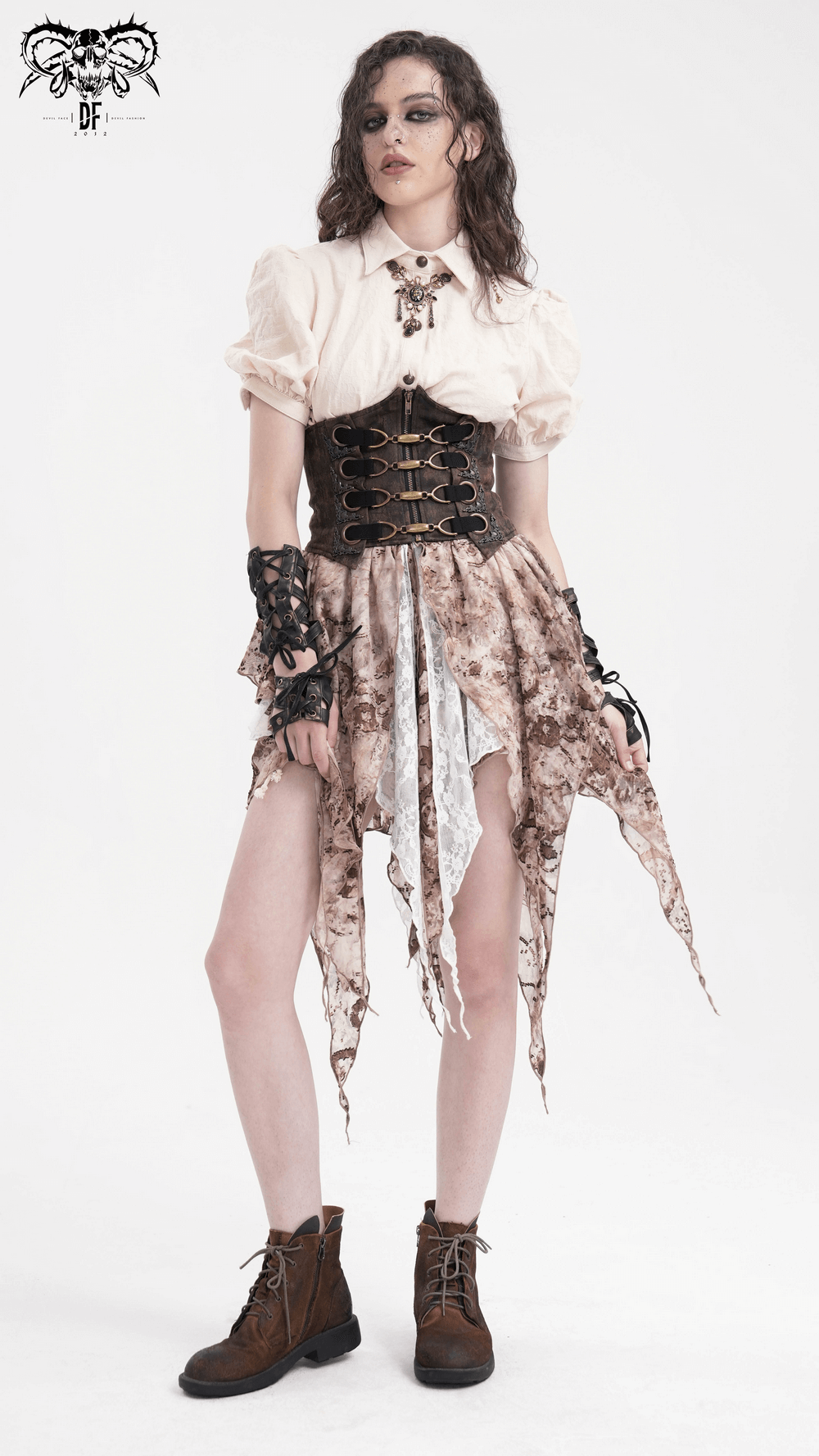 Woman in a steampunk gothic outfit with a corset belt, lace-up details, and Victorian-inspired accessories.