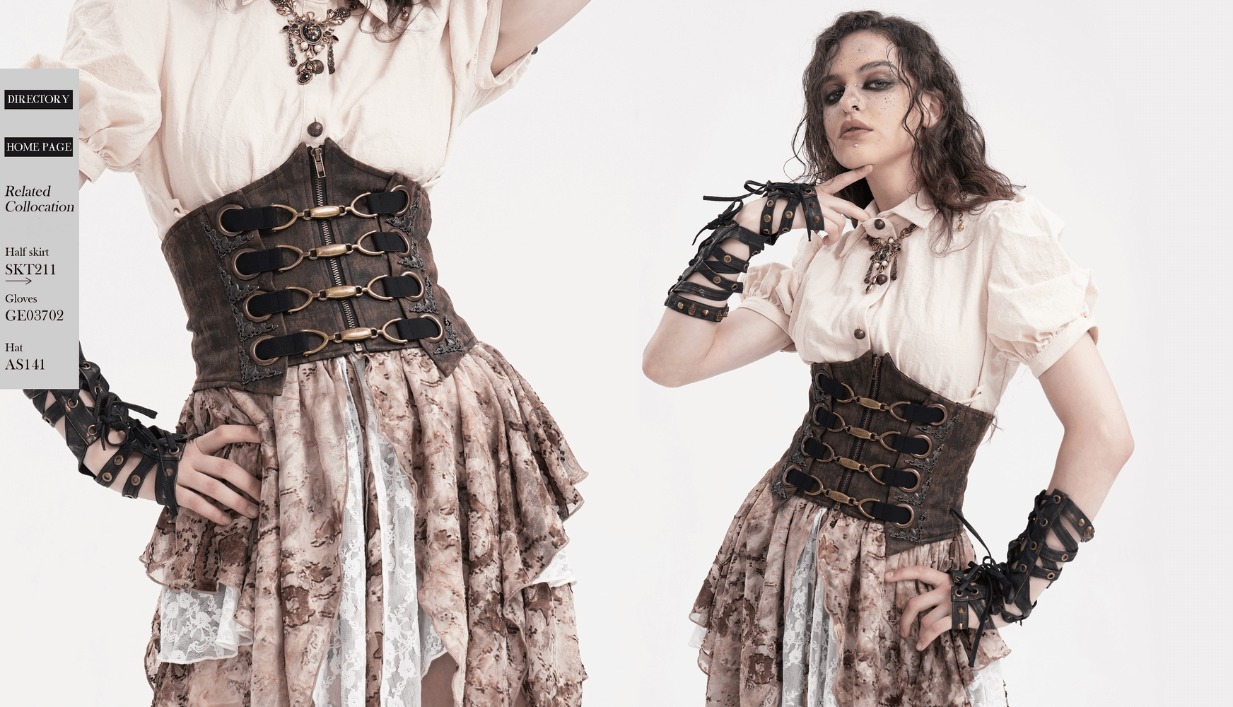 Woman in steampunk gothic corset belt with metal hooks and lace detailing, showcasing edgy Victorian-inspired fashion.