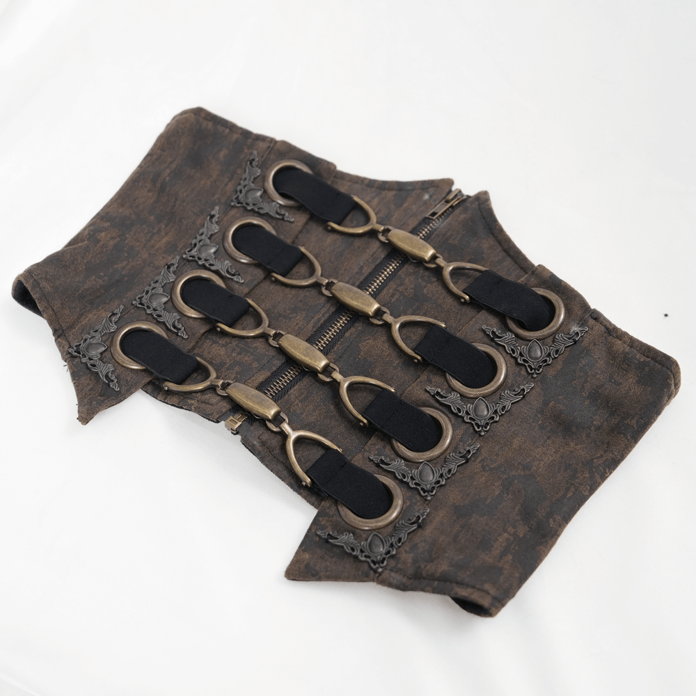 Steampunk gothic corset belt featuring metal hooks, chains, and a distressed leather finish for a bold, edgy style.