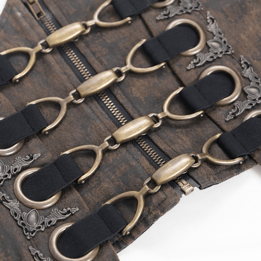 Steampunk gothic corset belt with metal hooks and zippers, featuring a distressed leather-like finish and ornate details.