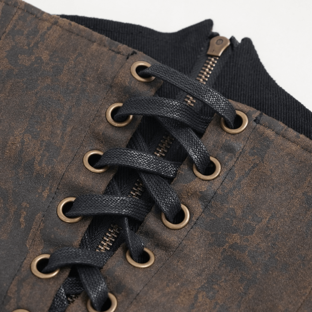 Close-up of steampunk gothic corset belt showcasing metal hooks, intricate lacing, and zipper details. Perfect for edgy outfits.