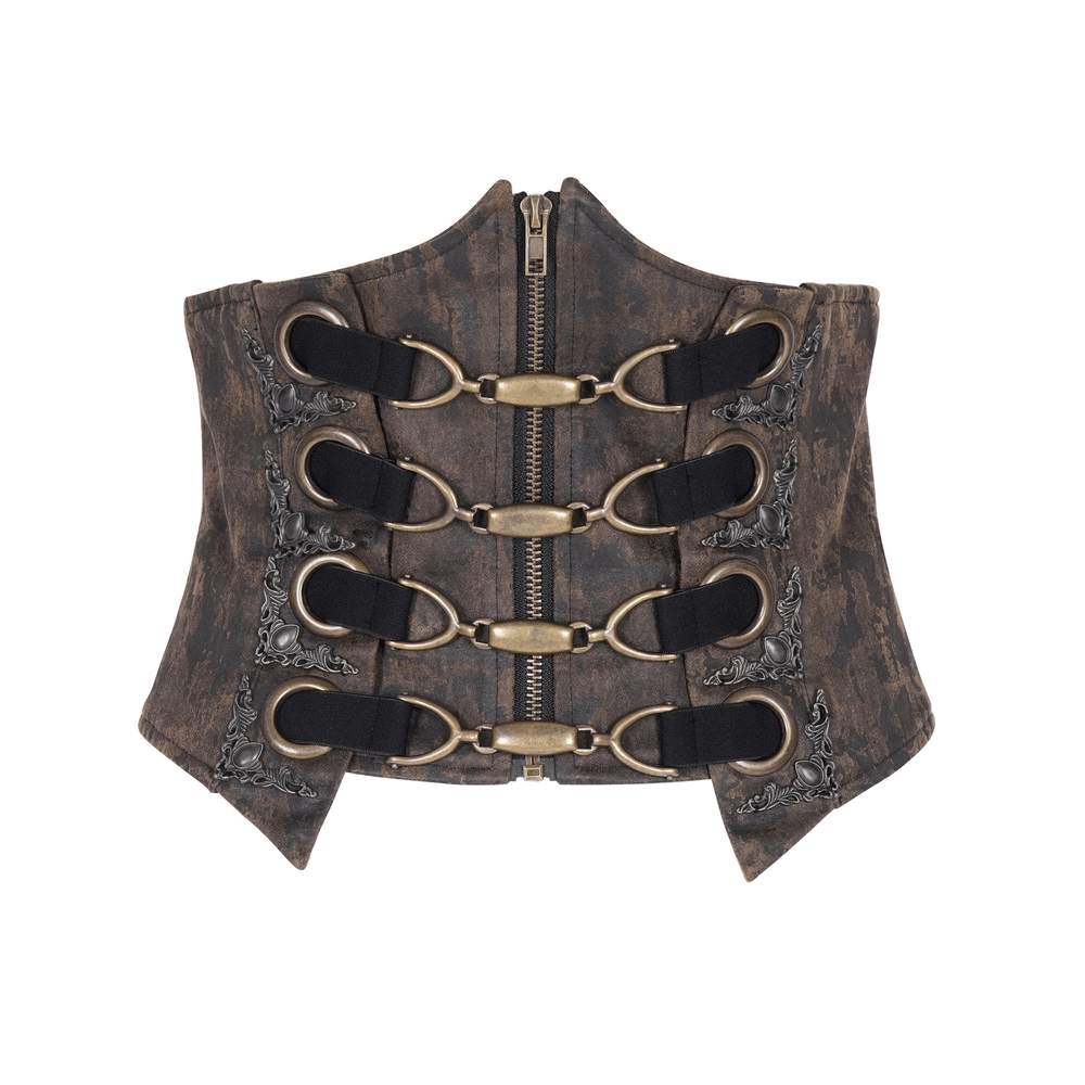 Steampunk gothic corset belt with metal hooks and zipper closure, showcasing intricate embellishments and distressed finish.