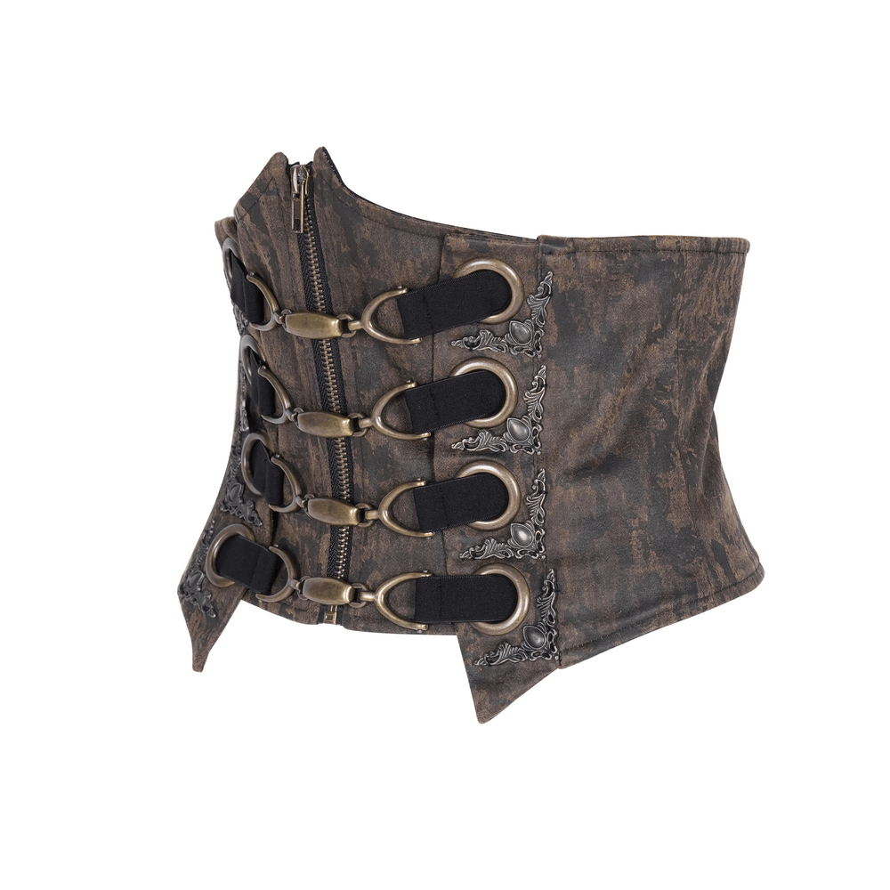 Steampunk gothic corset belt with metal hooks and zipper, featuring distressed leather-like finish and ornate embellishments.