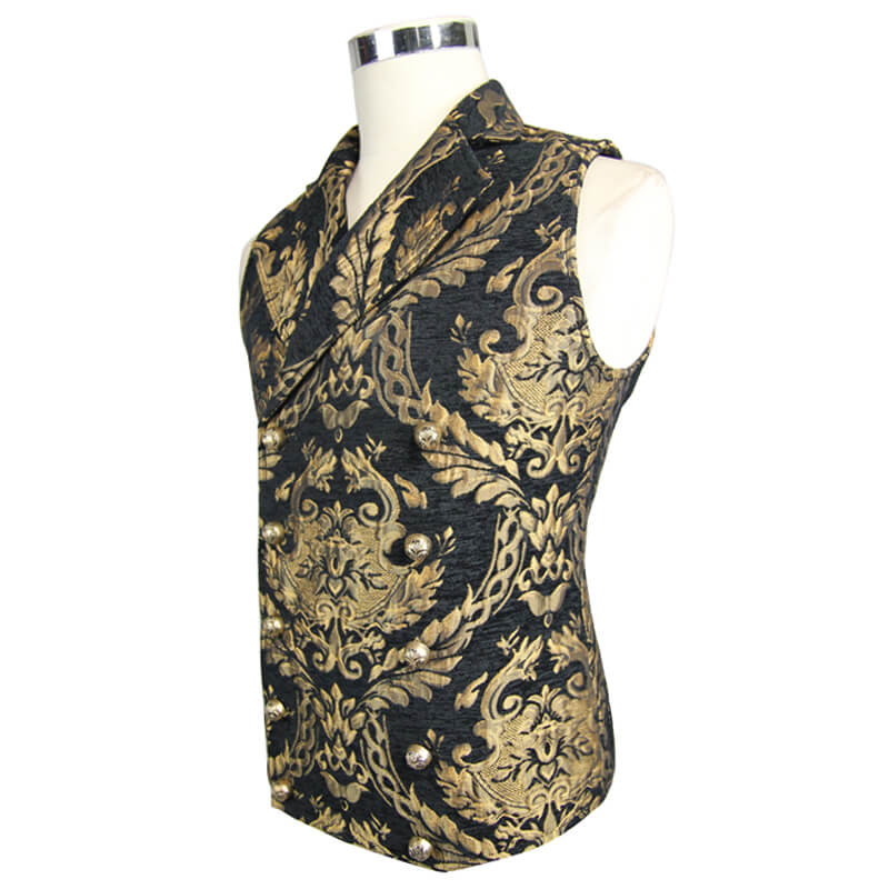 Steampunk gothic embroidered waistcoat for men with bold gold patterns and fitted cut, perfect for vintage attire.