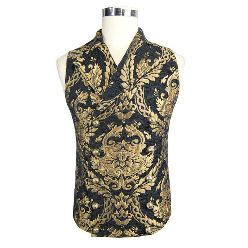 Steampunk Gothic embroidered waistcoat for men in black and gold floral pattern, perfect for vintage outfits.