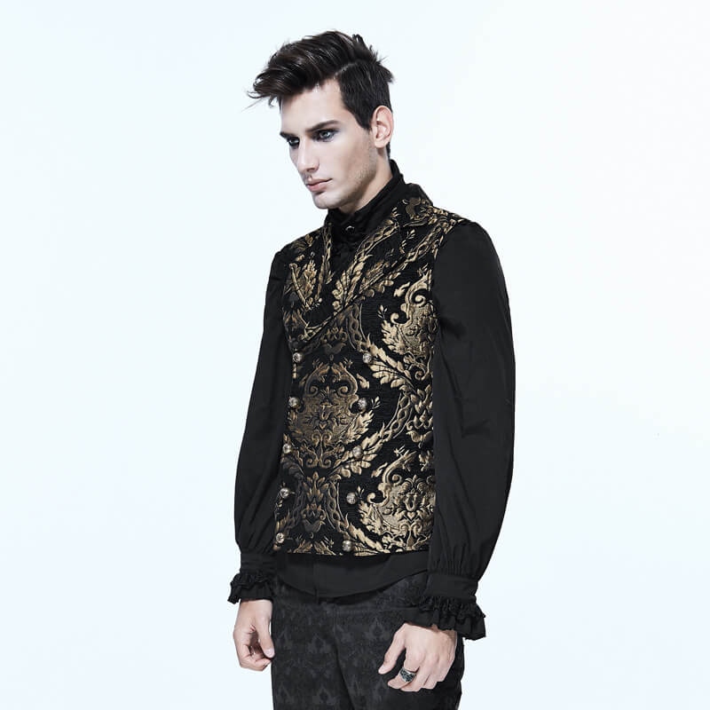 Steampunk gothic embroidered waistcoat for men with gold patterns and fitted cut, perfect for vintage gothic outfits.
