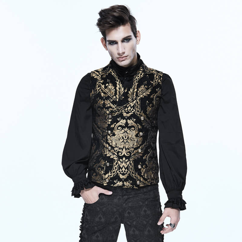 Stylish man in a steampunk gothic embroidered waistcoat with gold patterns, showcasing vintage gothic fashion.