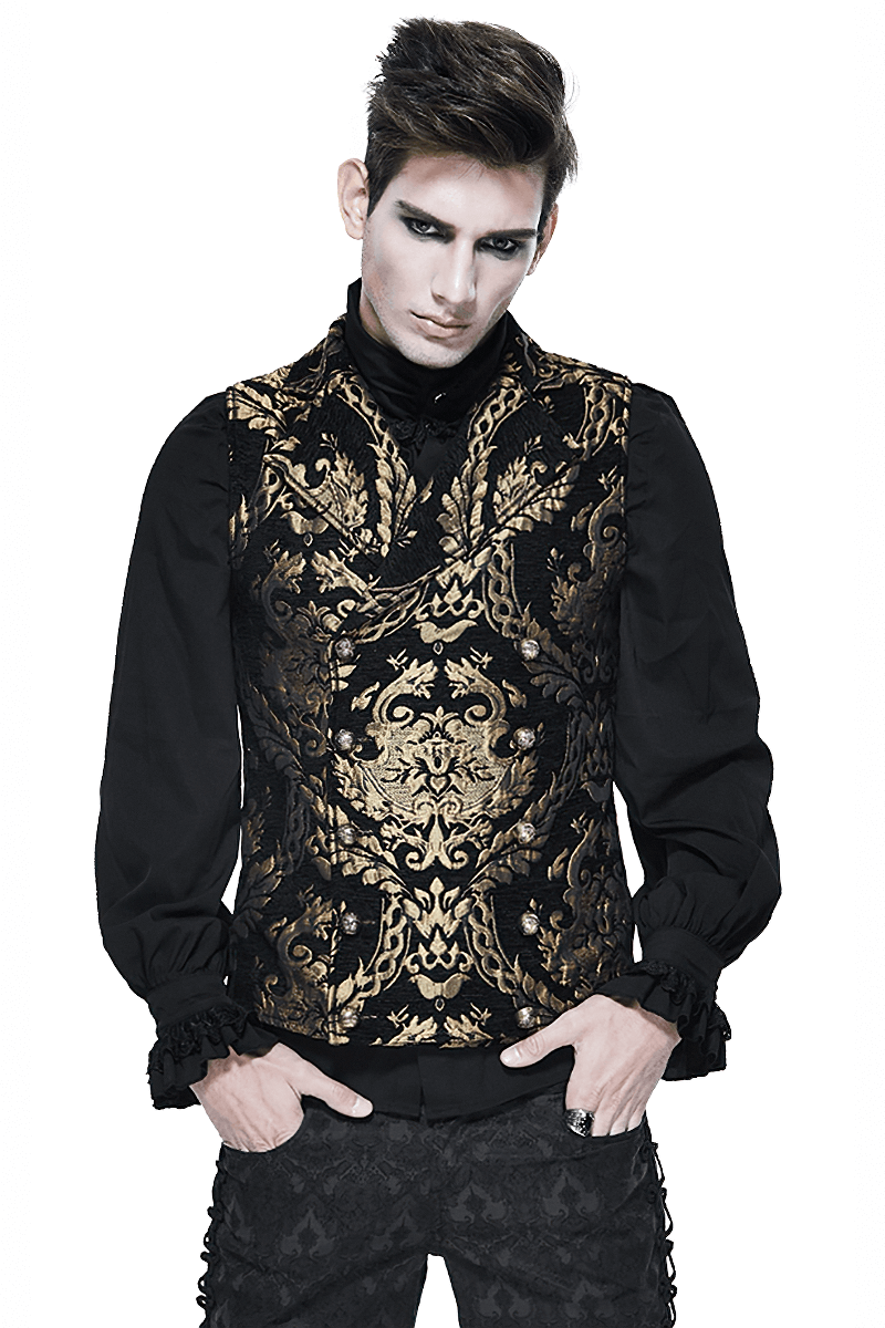 Stylish man wearing a Steampunk Gothic embroidered waistcoat with gold patterns, exuding vintage elegance.