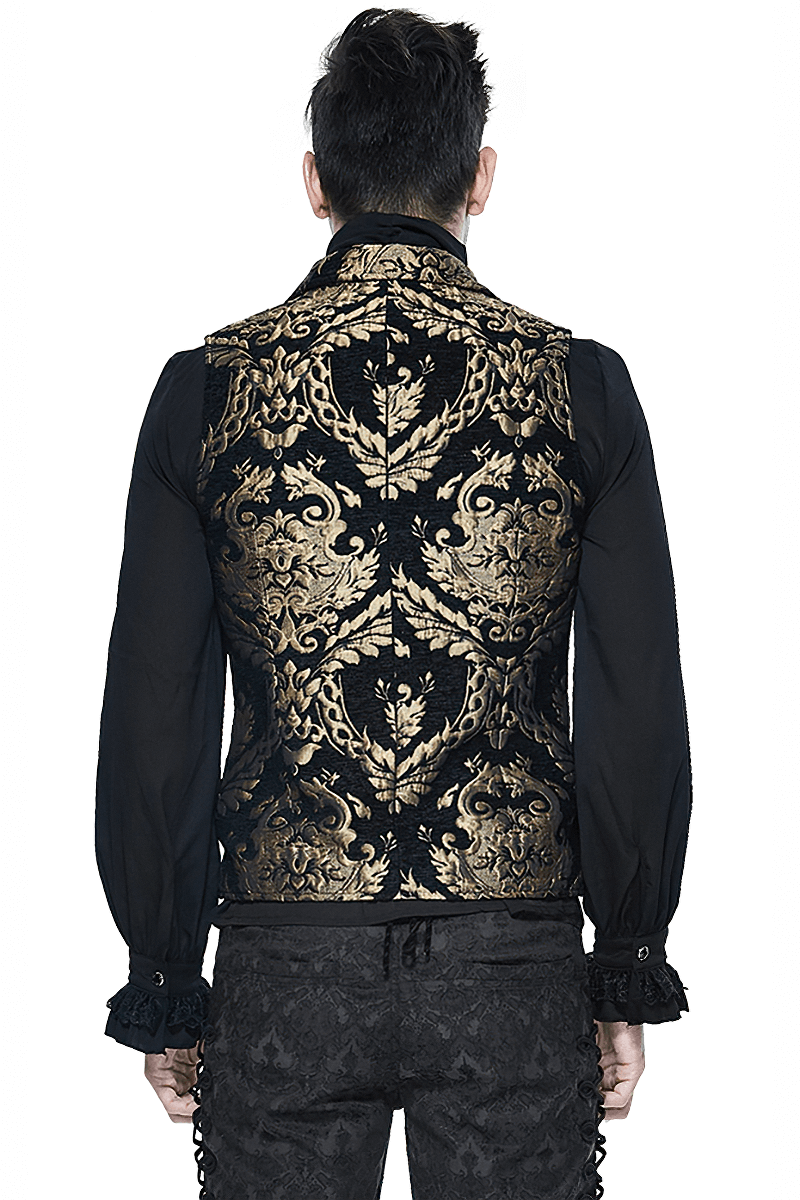 Back view of a steampunk gothic embroidered waistcoat for men, featuring intricate gold patterns and a vintage design.