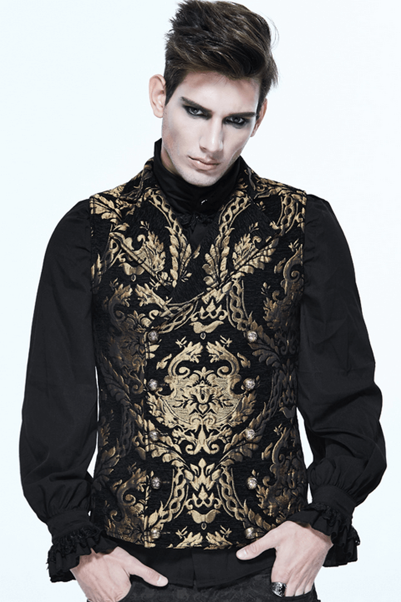 Men's steampunk gothic embroidered waistcoat with gold pattern, perfect for a stylish vintage look.