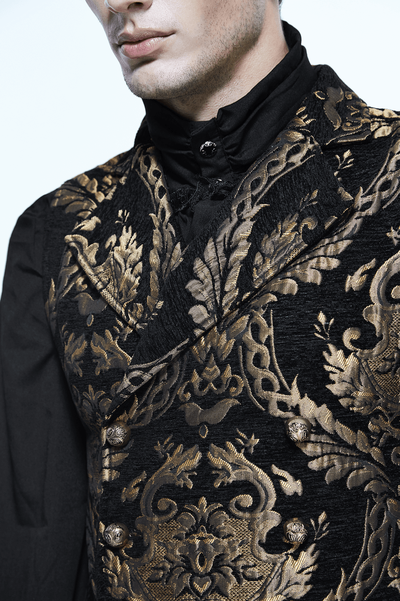 Close-up of a men's Gothic embroidered waistcoat featuring intricate gold patterns on a black background.
