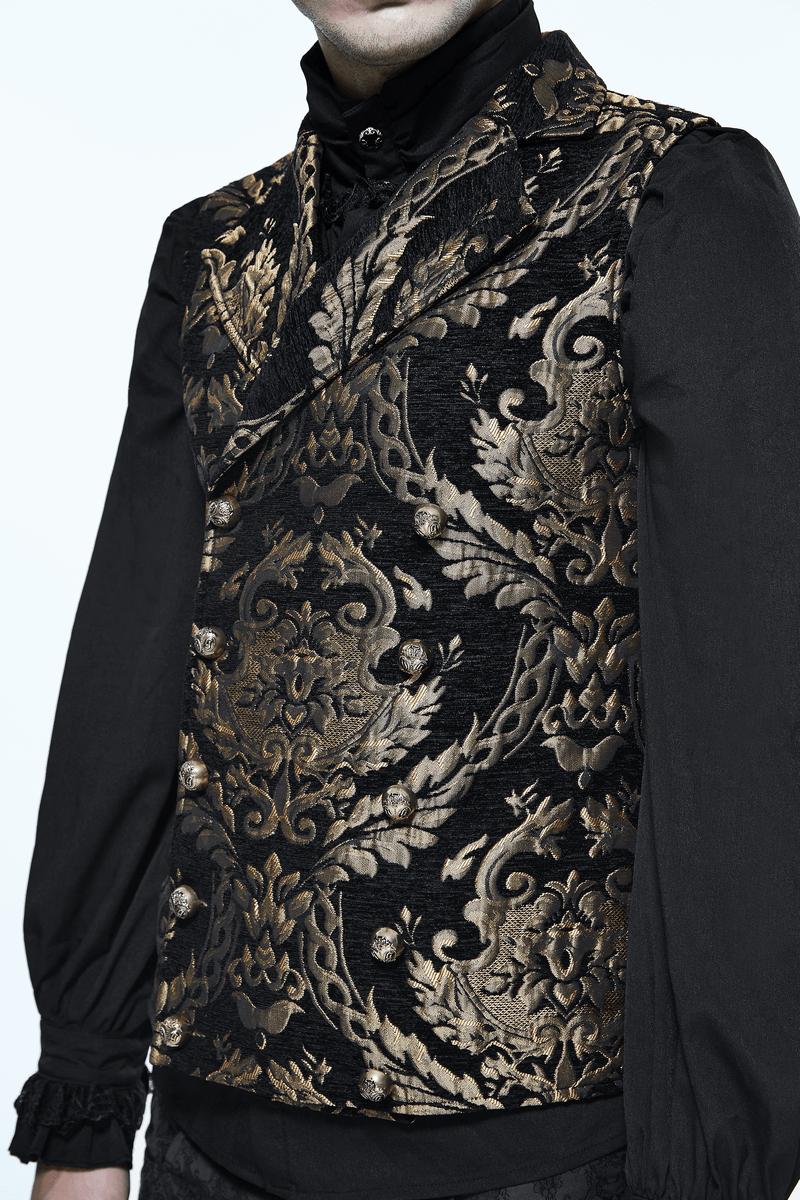 Men's steampunk gothic embroidered waistcoat with gold floral patterns, perfect for adding vintage flair to any outfit.