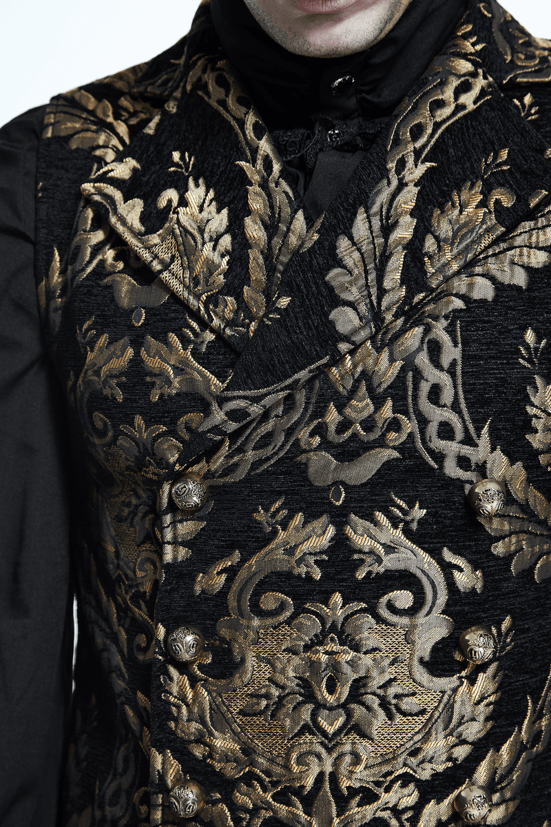Close-up of a steampunk gothic embroidered waistcoat for men featuring intricate gold patterns on a black background.