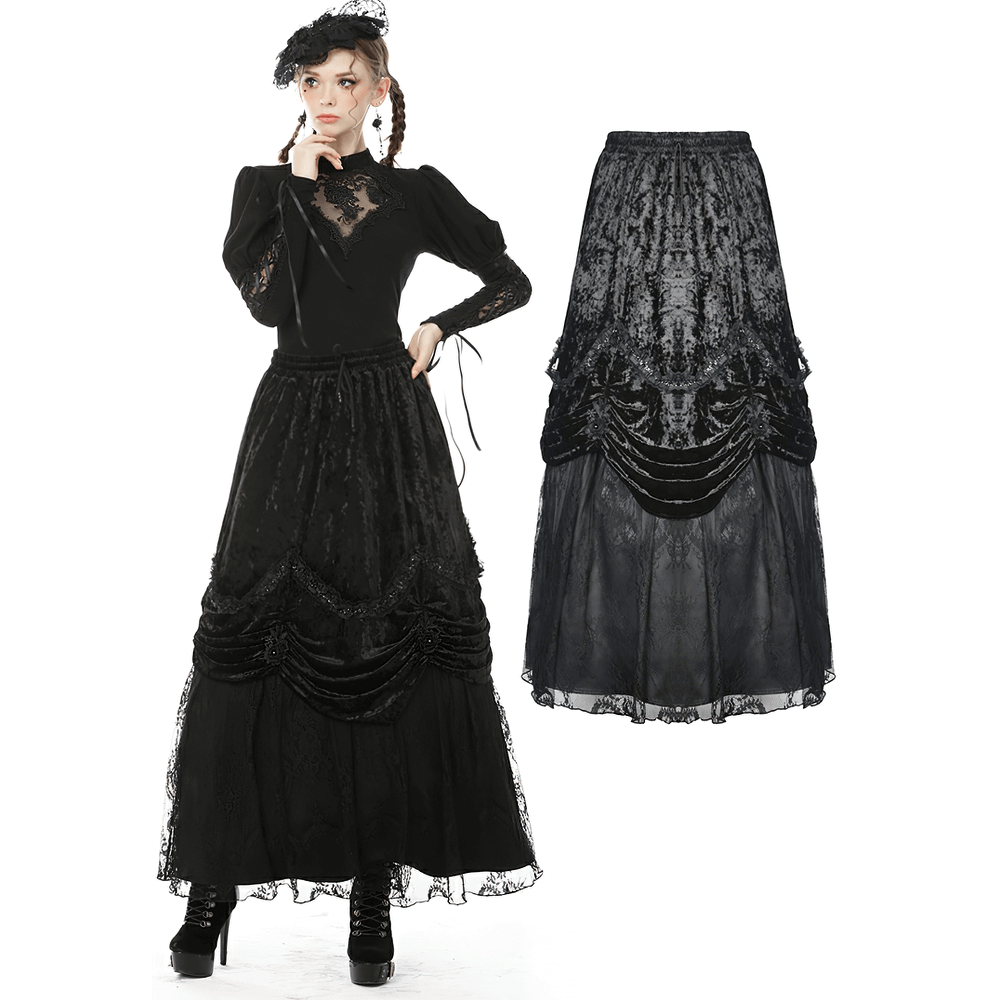 Steampunk gothic maxi skirt with ruffles and lace, dark Victorian elegance, perfect for a stylish, romantic look.