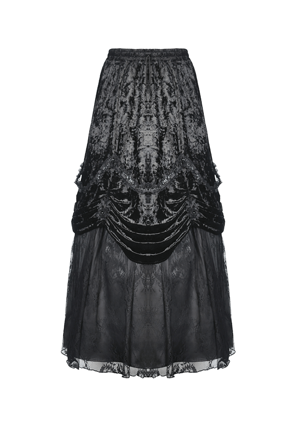 Elegant black steampunk gothic maxi skirt with ruffles and lace for a romantic Victorian look.
