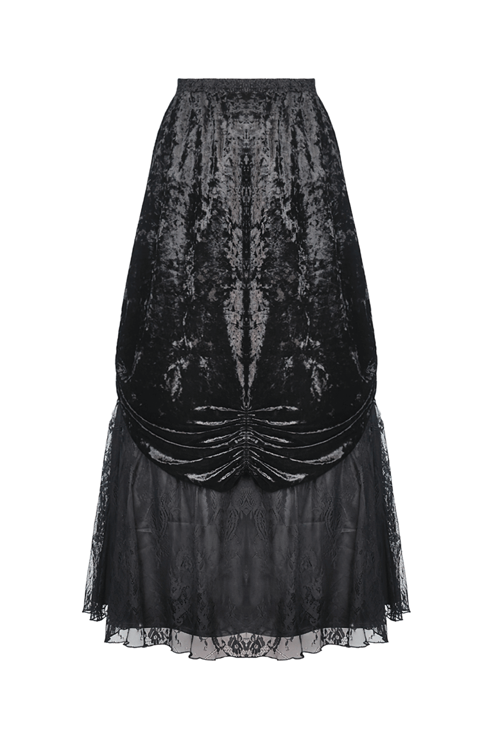Black steampunk gothic maxi skirt with ruffles and lace, showcasing dark Victorian elegance and romantic flair.