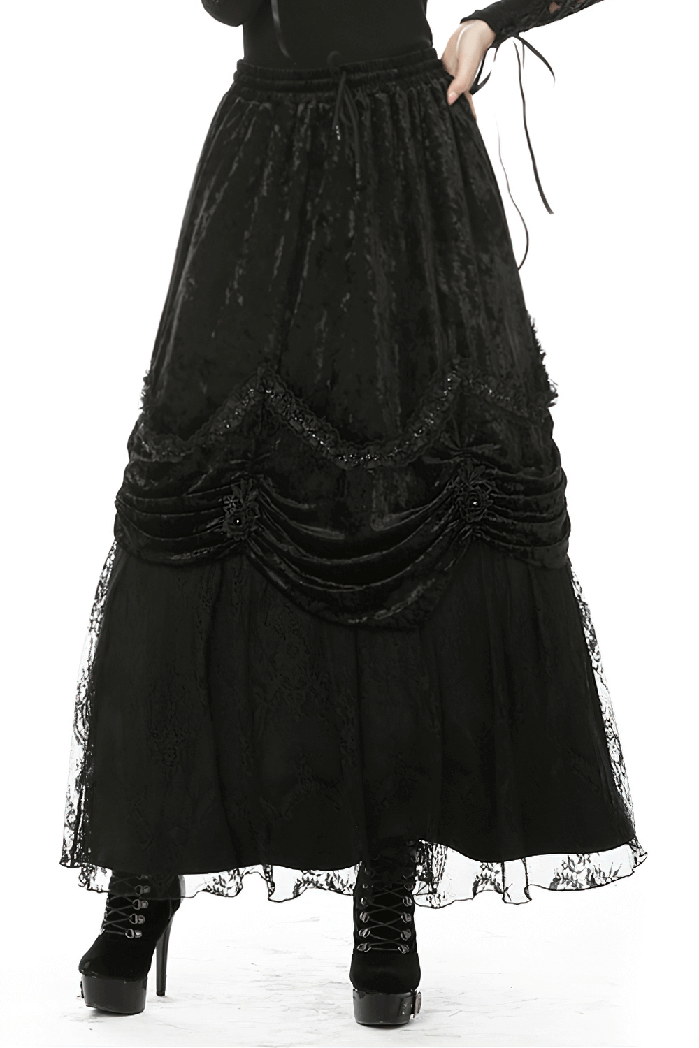 Black Gothic maxi skirt with ruffles and lace, perfect for dark Victorian elegance and stylish outfits.
