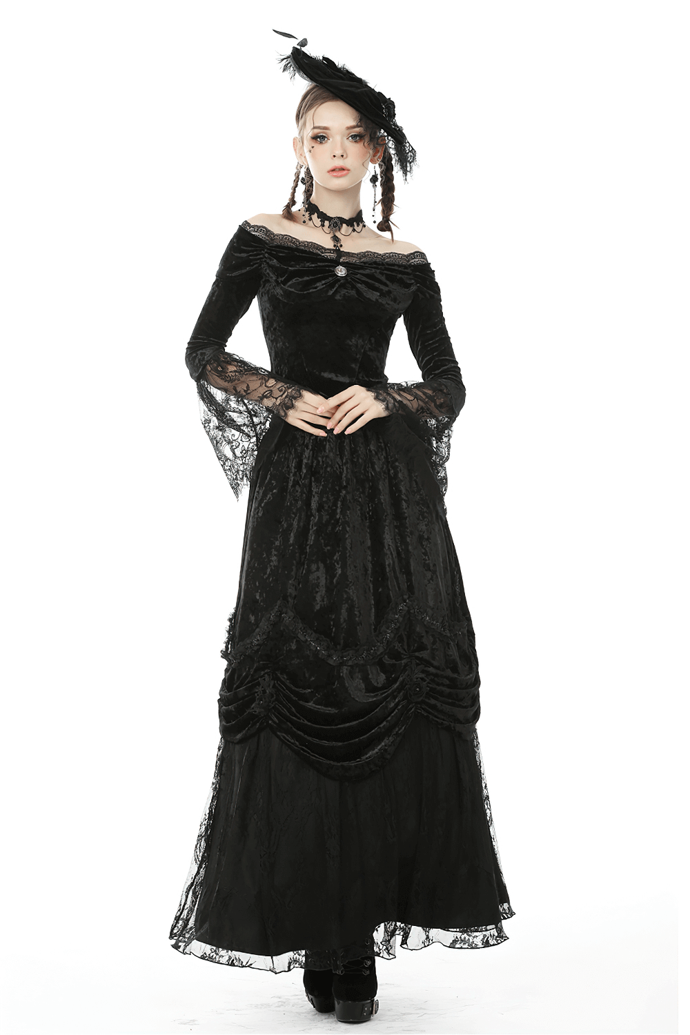 Stunning black Gothic maxi dress with lace details, off-shoulder sleeves, and elegant ruffles for a dramatic Victorian look.