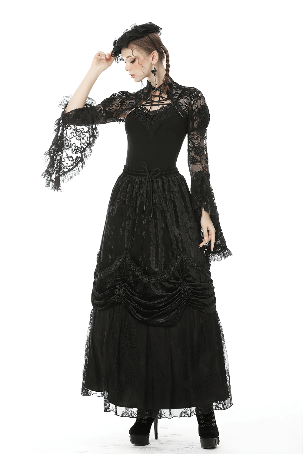Steampunk Gothic Maxi Skirt with Ruffles and Lace