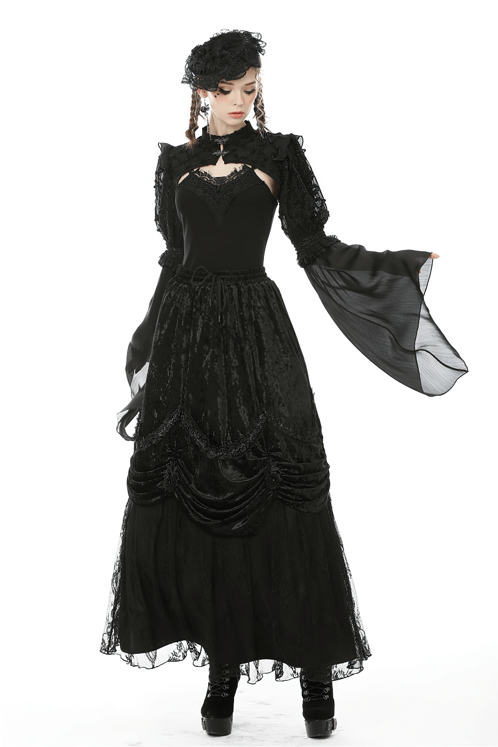 Victorian-inspired black gothic maxi skirt with ruffles and lace detailing, worn with a fitted top and dramatic sleeves.