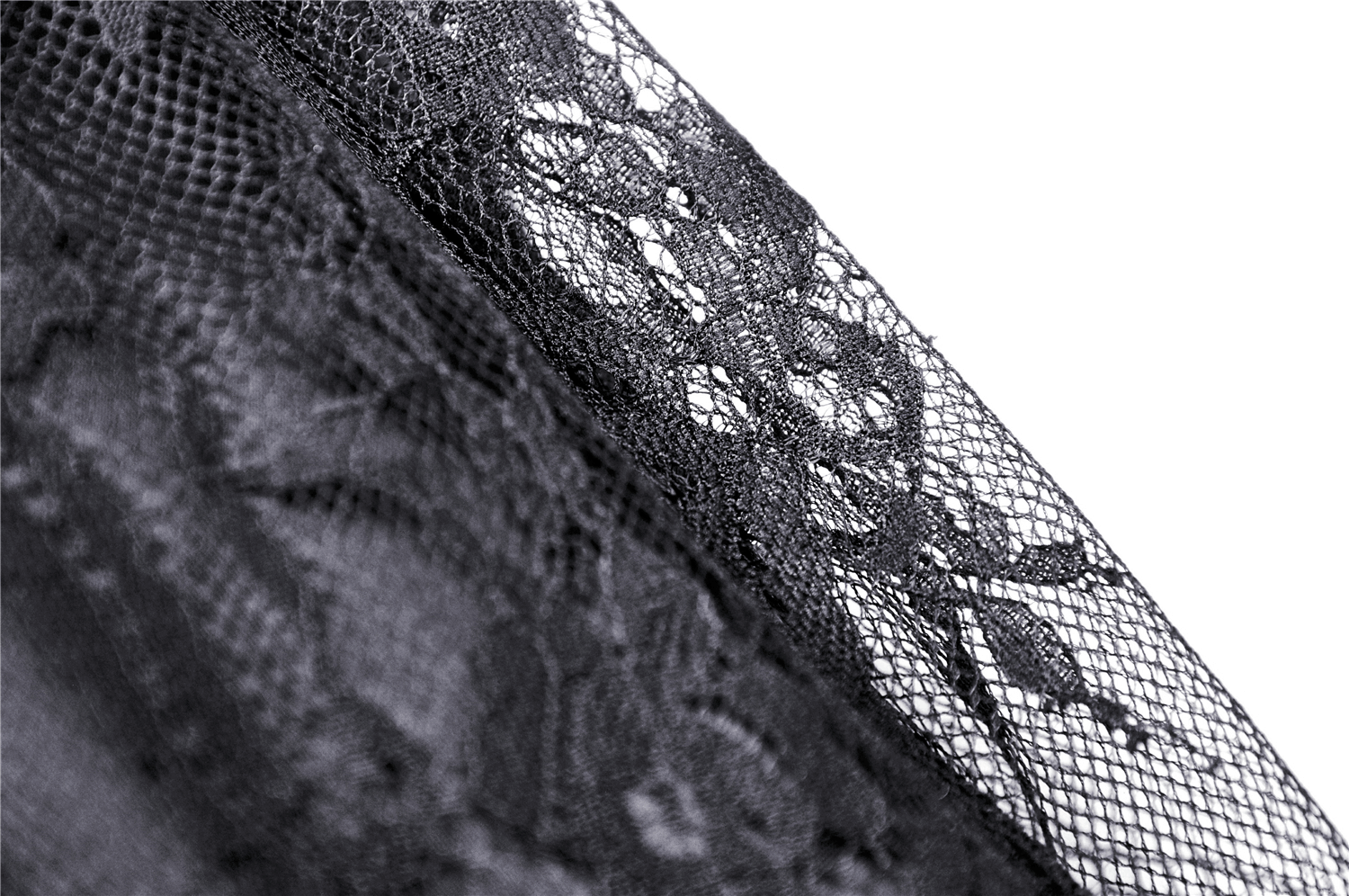 Close-up of intricate black lace detail featuring floral patterns, perfect for gothic and Victorian fashion.