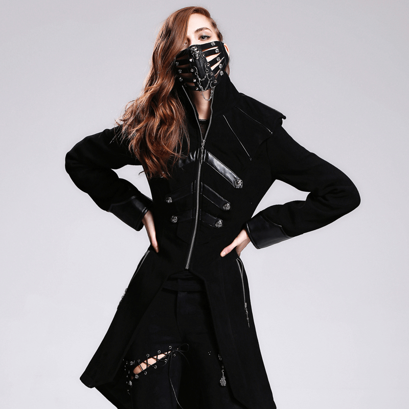 Stylish model wearing a steampunk gothic coat and mask with spikes, showcasing a unique fashion statement.