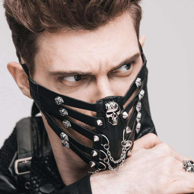 Steampunk gothic men's synthetic leather mask with silver spikes and skulls, perfect for edgy fashion and steampunk outfits.