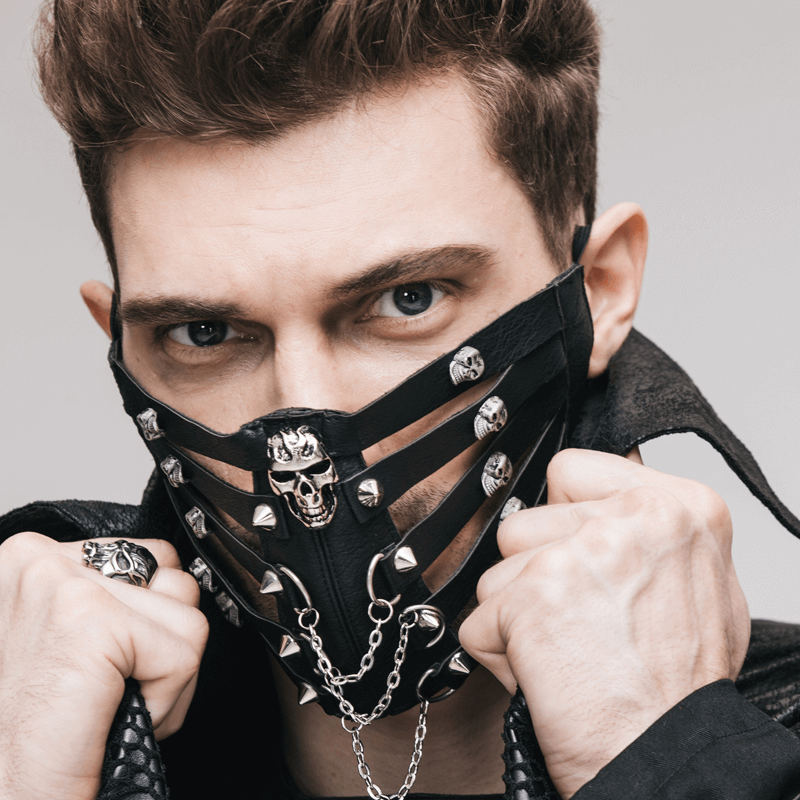 Steampunk gothic men's black mask with spikes and skulls, perfect accessory for bold fashion statements.