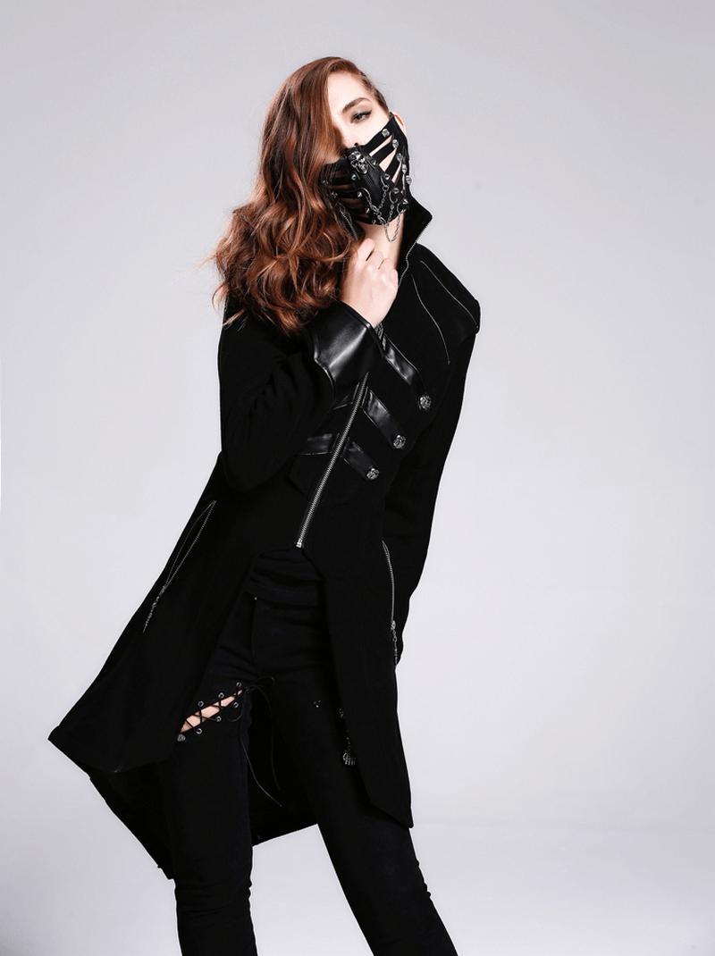 Stylish model wearing a black steampunk mask and coat, showcasing edgy fashion with spikes and a unique design.