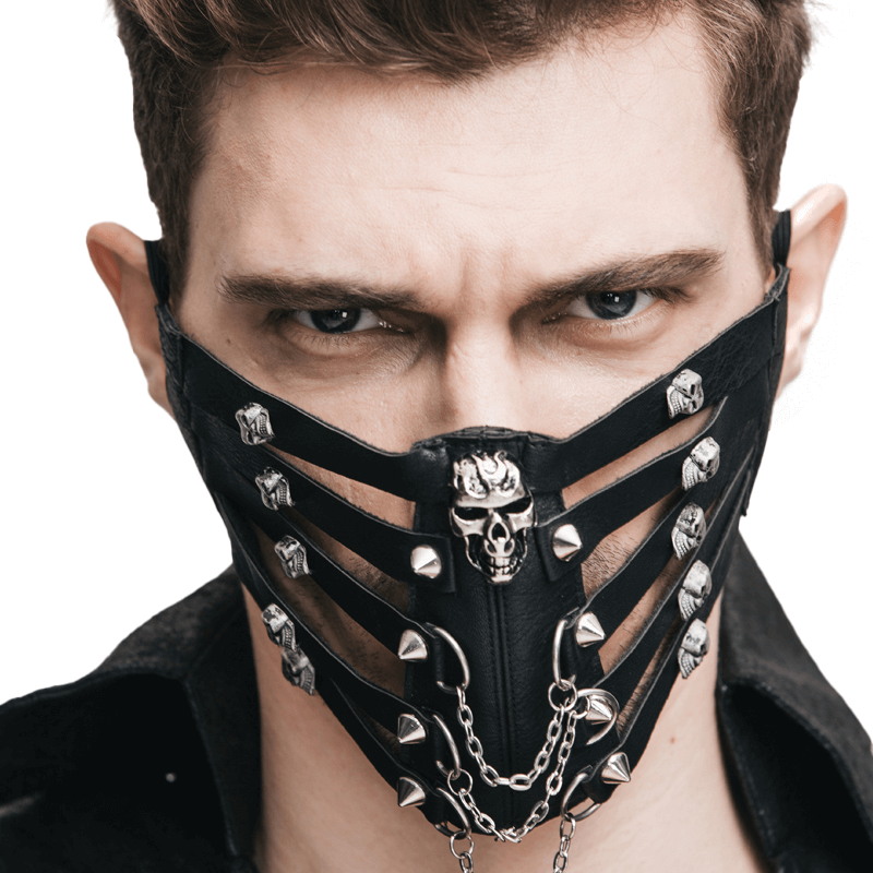 Steampunk gothic men's black PU leather mask with spikes and skull, perfect accessory for edgy outfits.