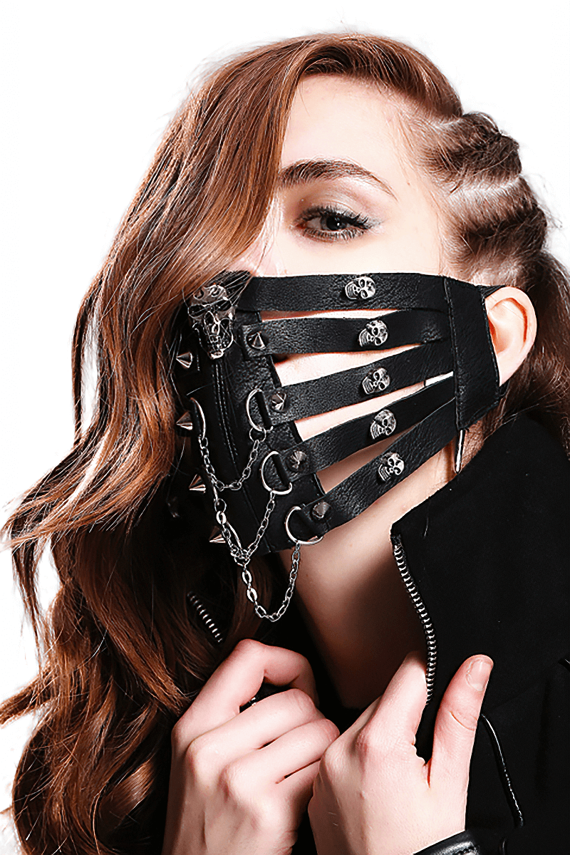 Steampunk gothic men's synthetic leather mask with spikes and skulls, perfect for edgy fashion statements.