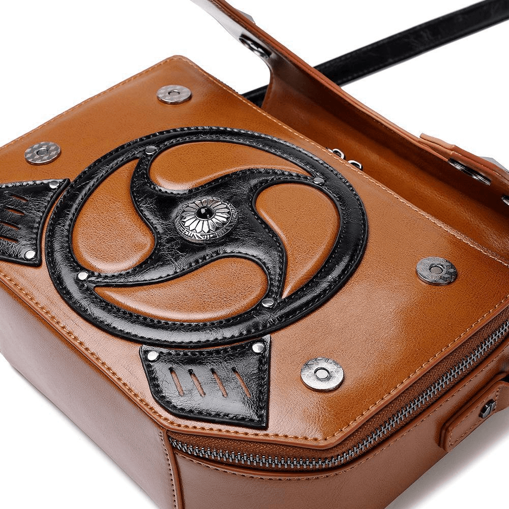Steampunk Handbag with Metallic Rivets And Turbine-Like Pattern - HARD'N'HEAVY