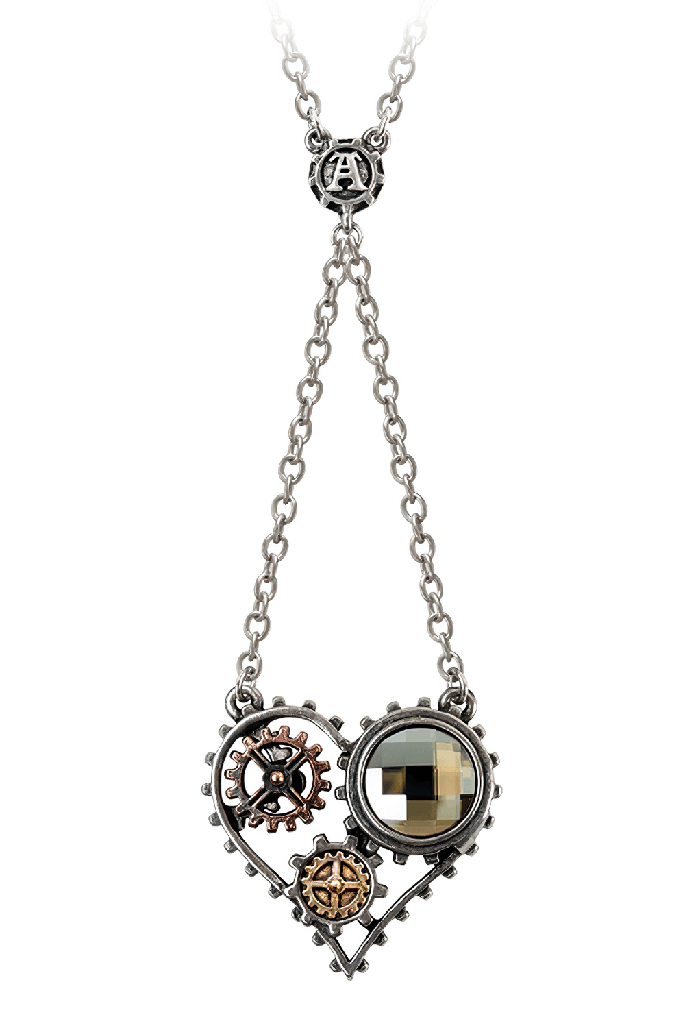 Steampunk Heart Pendant with Gears and Crystal Accent features vintage gears and a crystal centerpiece.