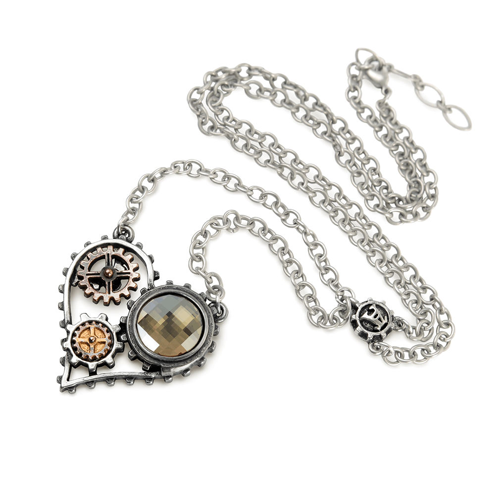 Steampunk Heart Pendant with Gears and Crystal Accent on a chain featuring gears and a crystal centerpiece.