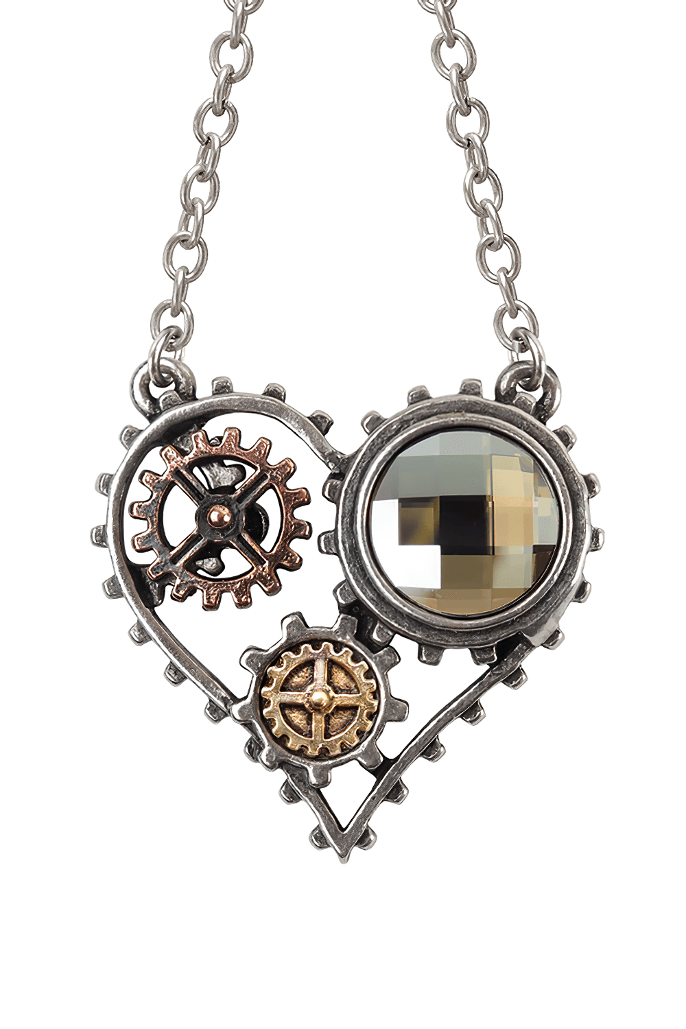 Steampunk Heart Pendant with Gears and Crystal Accent featuring intricate gear design and faceted crystal centerpiece.
