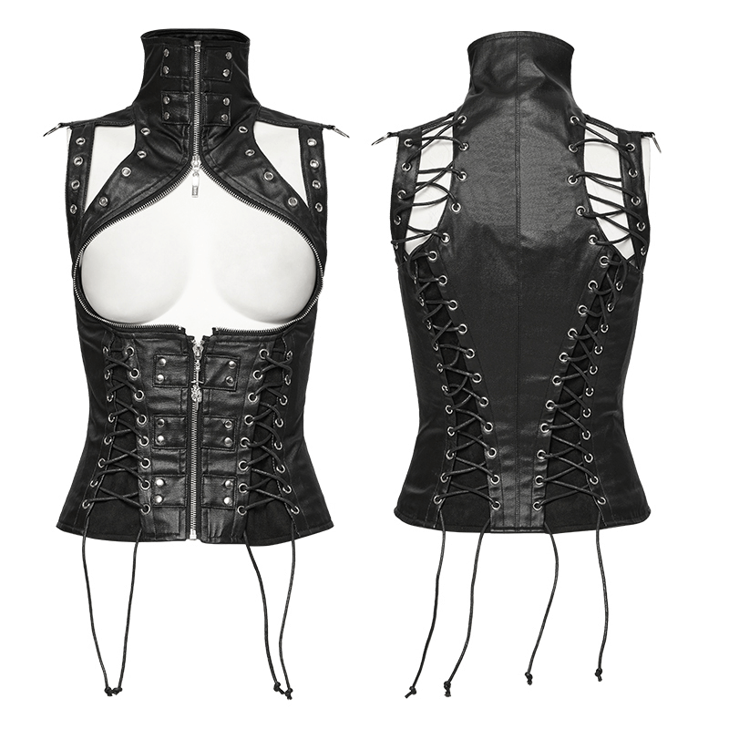 Steampunk high collar PU leather corset vest with lacing, featuring double zippers and a sleek silhouette.