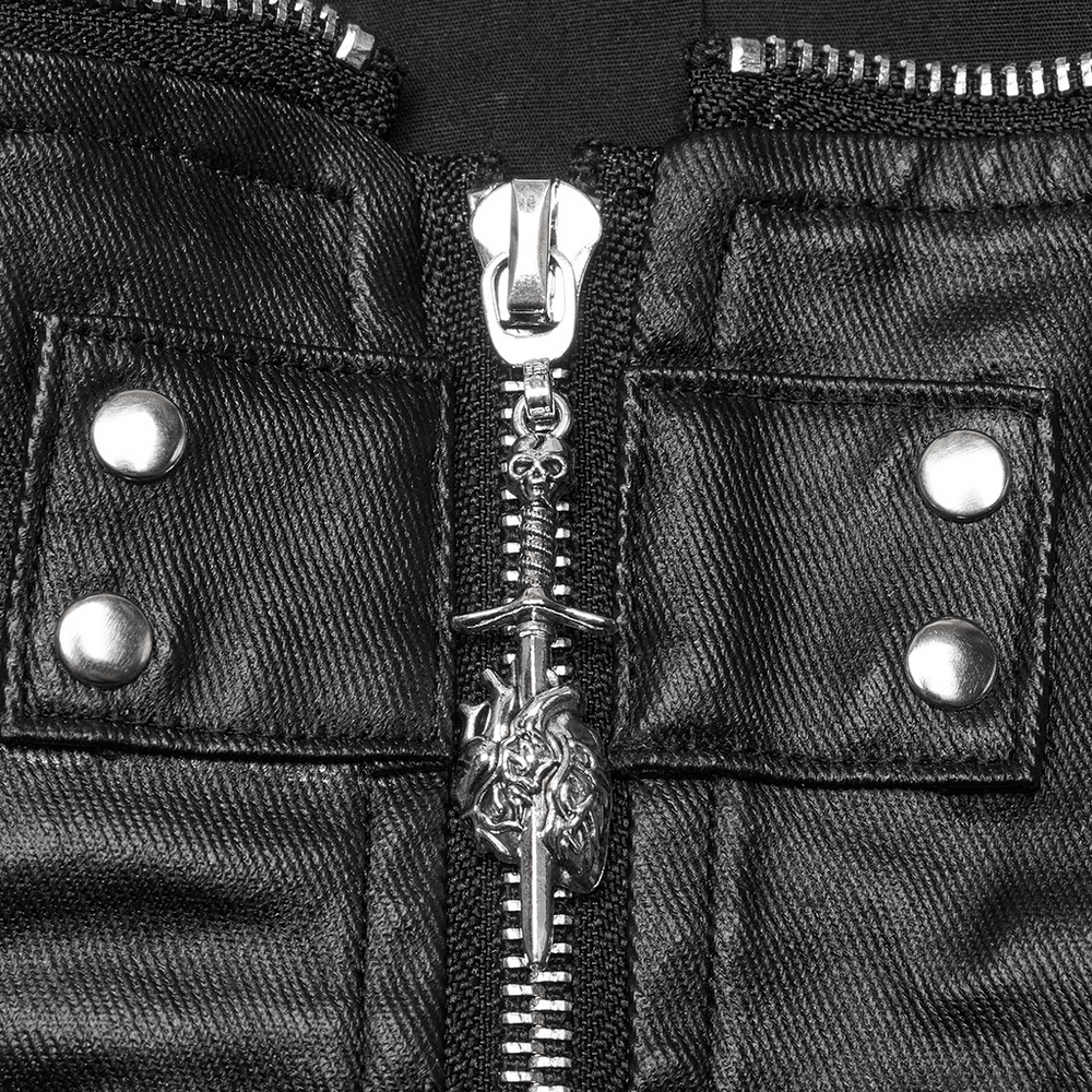 Close-up of steampunk vest's zippers and buttons, showcasing edgy PU leather details and unique design elements.
