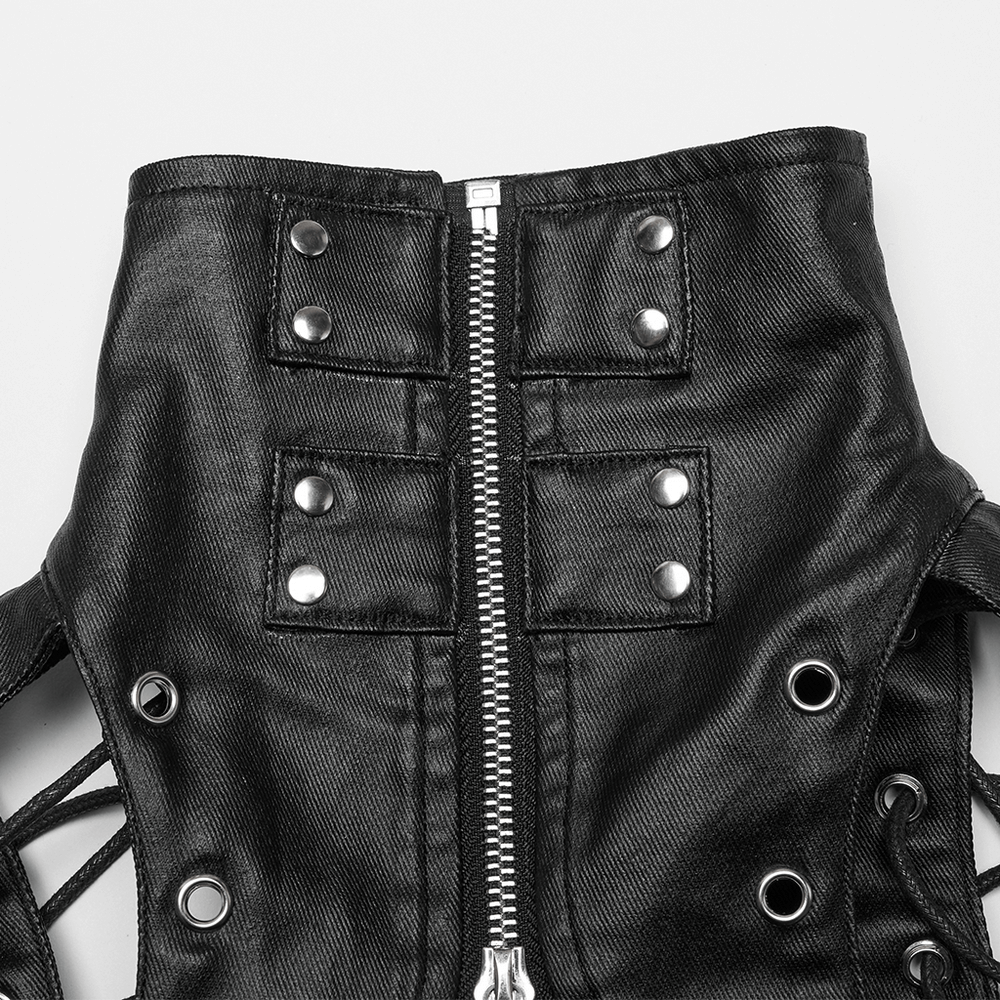 Close-up of steampunk high collar PU leather vest showing zipper, lacing, and edgy detailing.