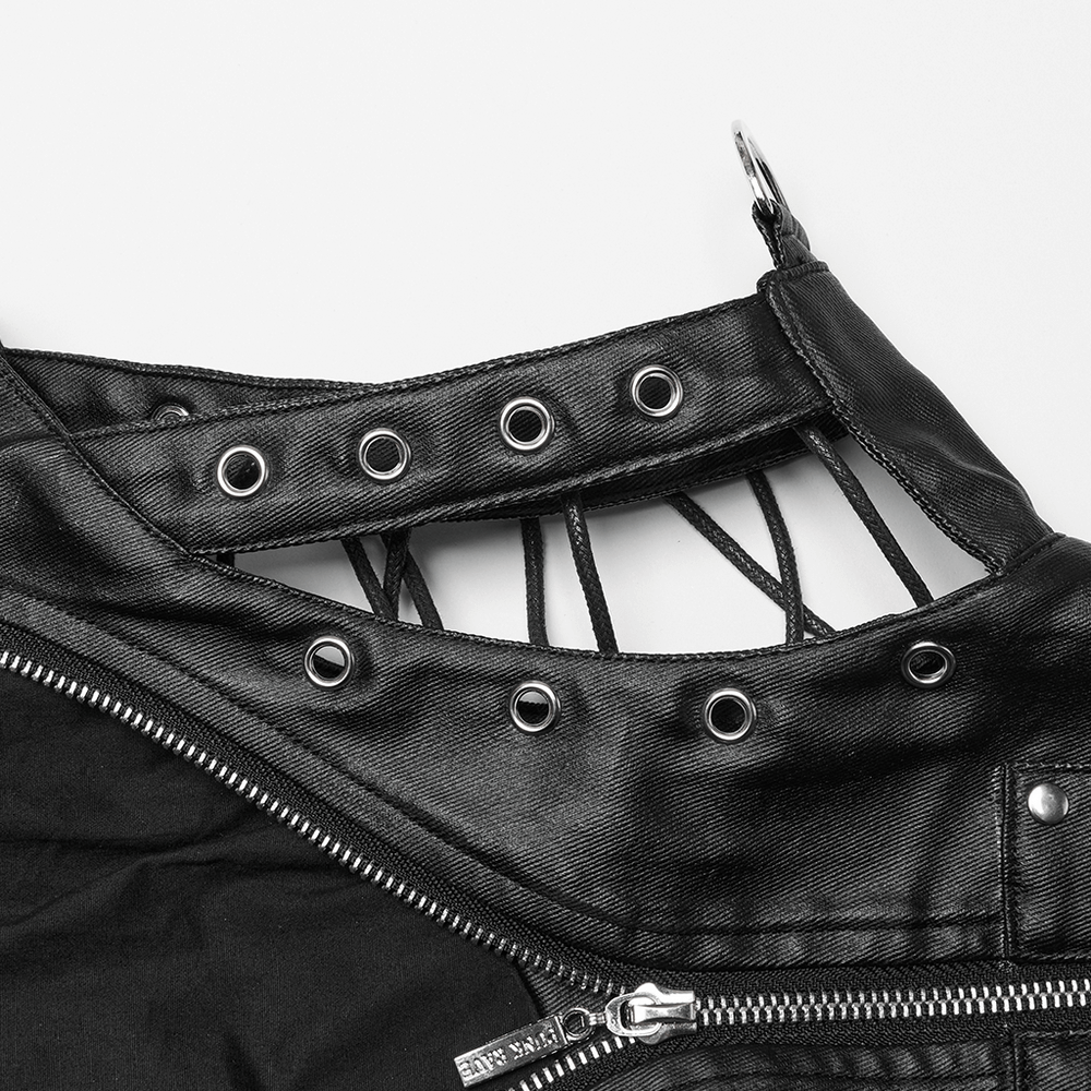 Close-up of steampunk-inspired high collar PU leather vest showcasing lace-up design and zipper details.